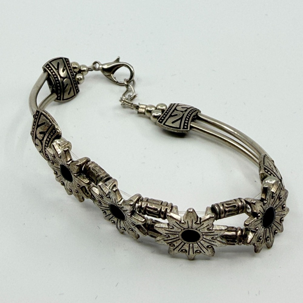 Vintage Southwestern Silver Tone Black Onyx Sunburst Bangle Bracelet